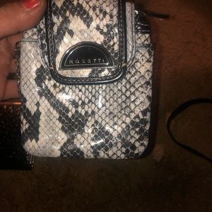 Rosette mini purse-handbag. Snake skin with a long over the shoulder metal chain